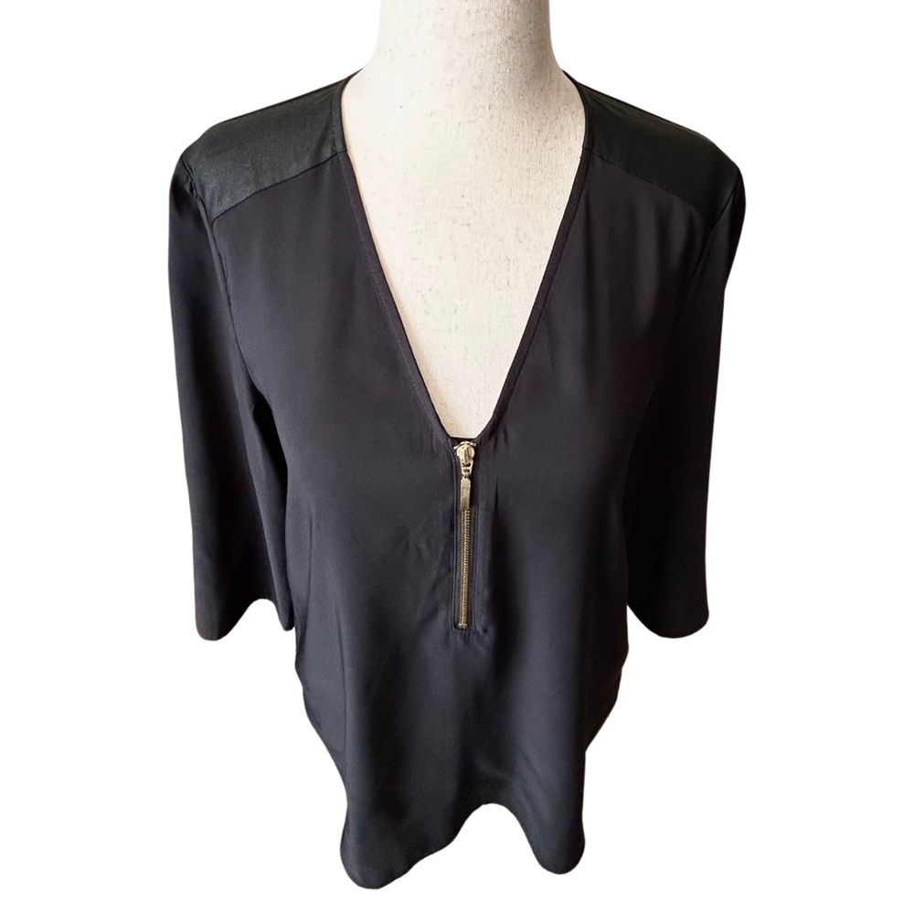Express Zip Front Blouse V-Neck 3/4 Length Sleeve Corporate Top - S - Black